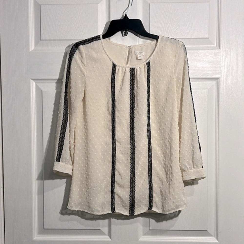 J.Crew Women's Ivory Black Lace Swiss Dot 3/4 Sleeve Blouse - Size 00 (xxs)